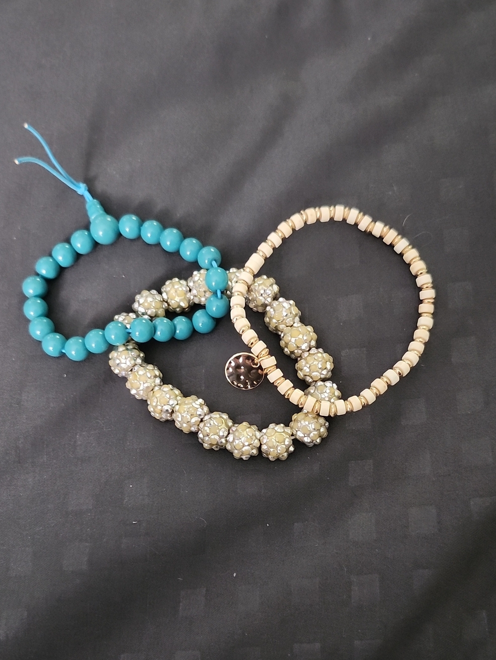 Set of Blue and Cream Beaded Stretch Bracelets